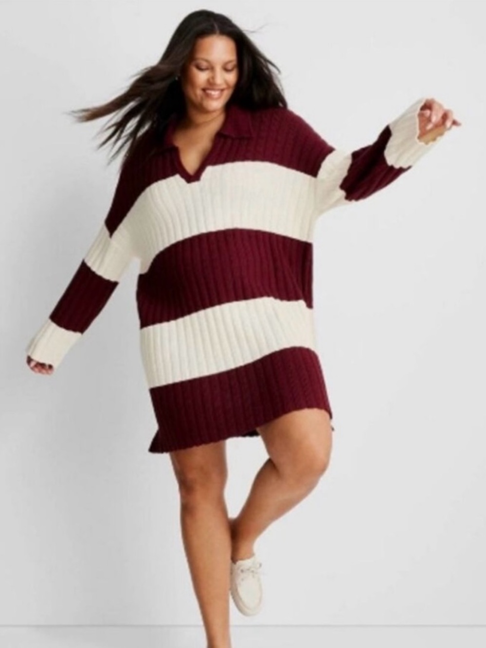 Future Collective NWT XS OVERSIZED Burgundy Cream Striped  SOFT Sweater Dress